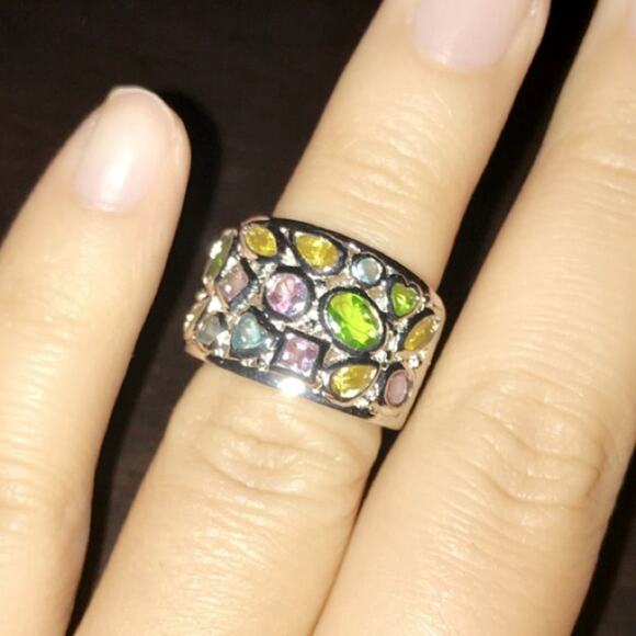 Cubic Zirconia CZ White Gold Rhodium Plated Silver Multi Gem Ring, Pendant Set - Picture 4 of 10